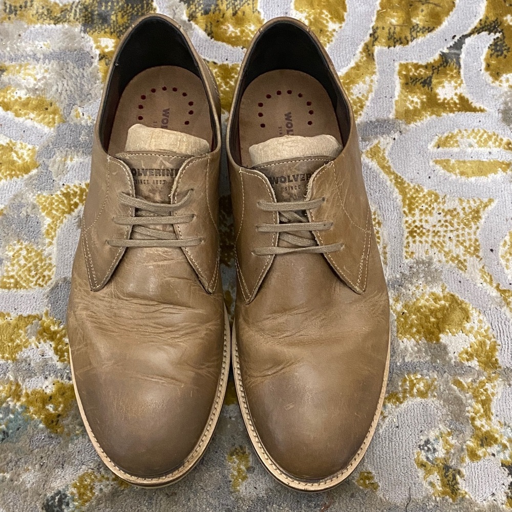 WOLVERINE Men's Plain Toe Tan Leather Dress Shoes Blucher Derby Sz 13